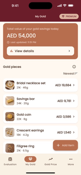 My Gold: the total value of your gold savings today, and your saved pieces with their weight, karat and value