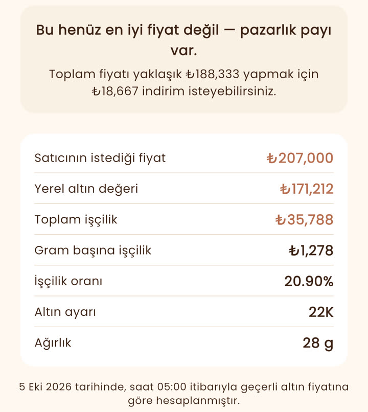 Sonucun dökümü: satıcının istediği fiyat, yerel altın değeri, toplam işçilik, gram başına işçilik ve oranı, ayar ve ağırlık