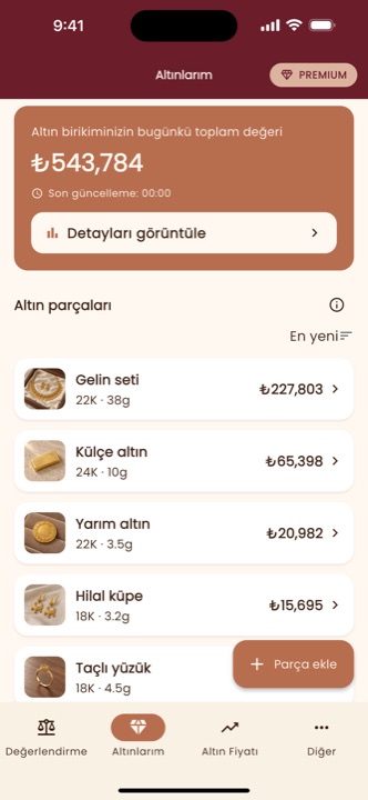 Altınım: altın birikiminizin bugünkü toplam değeri ve kayıtlı parçalarınız, ağırlık, ayar ve değerleriyle